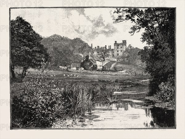 HADDON HALL, FROM THE WYE. An English country house on the River Wye at Bakewell, Derbyshire, one of the seats of the Duke of Rutland, occupied by Lord Edward Manners (brother of the current Duke) and his family. UK