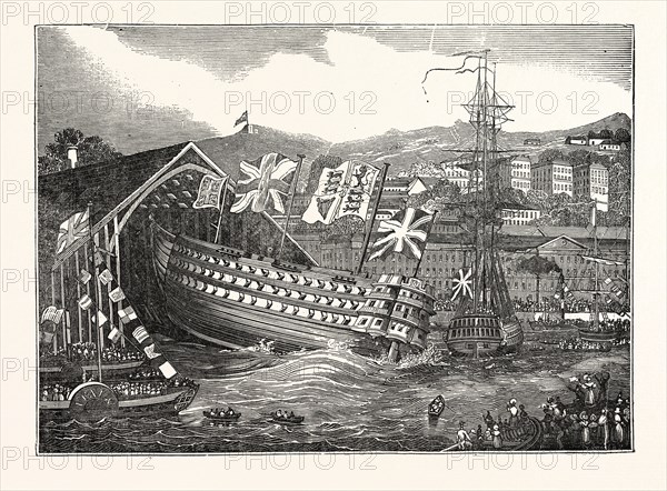 LAUNCH OF HIS MAJESTY'S SHIP "WATERLOO", AT CHATHAM,  UK, britain, british, europe, united kingdom, great britain, european