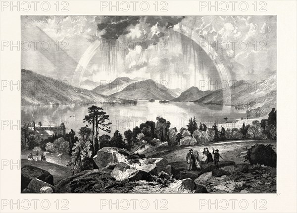 LAKE GEORGE. THOMAS MORAN,  England was an American painter and printmaker of the Hudson River School in New York whose work often featured the Rocky Mountains. USA