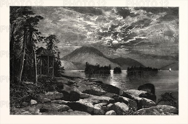 VIEW FROM FOURTEEN-MILE ISLAND, LAKE GEORGE. THOMAS MORAN,  England was an American painter and printmaker of the Hudson River School in New York whose work often featured the Rocky Mountains. USA