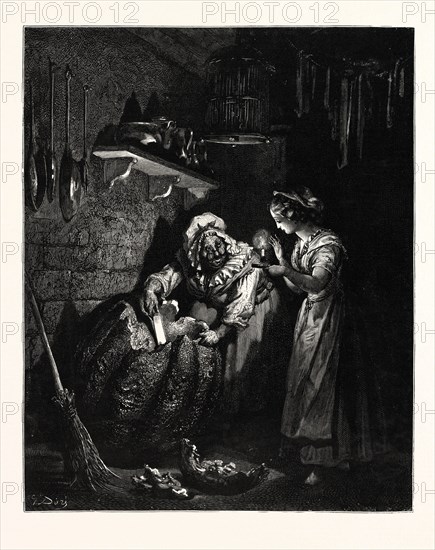 CINDERELLA'S PUMPKIN. Gustave Doré.  Cinderella, or The Little Glass Slipper, Cendrillon, ou La petite Pantoufle de Verre,Cenerentola,Aschenputtel,  is a folk tale embodying a myth-element of unjust oppression/triumphant reward.