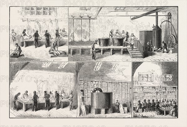 FOOD SUPPLY, MANUFACTURE OF CONDENSED SOUPS, CUTTING-UP THE BEEF, THE CONCENTRATING BOILERS-SORTING ROOM-DRYING STOVES-PACKING IN CANISTERS. ENGRAVING 1876, UK, britain, british, europe, united kingdom, great britain, european