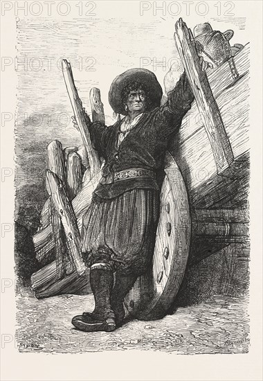 A SPANISH CHESTNUT MERCHANT AND NATIVE CART, SPAIN, ENGRAVING 1876