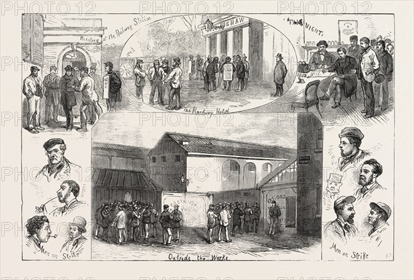 SKETCHES AT ERITH DURING THE STRIKE, a district of southeast London on the River Thames, ENGRAVING 1876, UK, britain, british, europe, united kingdom, great britain, european