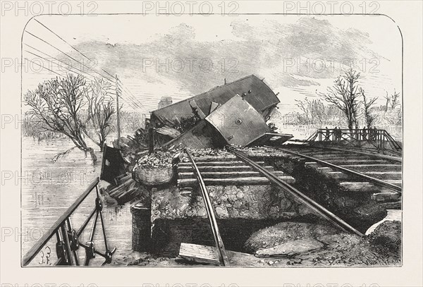 TERRIBLE RAILWAY ACCIDENT IN ALSACE, CAUSED BY THE FALL OF THE BRIDGE OF LUTTERBACH AT THE MOMENT OF THE PASSING OF A TRAIN : ASPECT OF THE FIRST ARCH AFTER THE ACCIDENT, Engraving 1876, France, europe