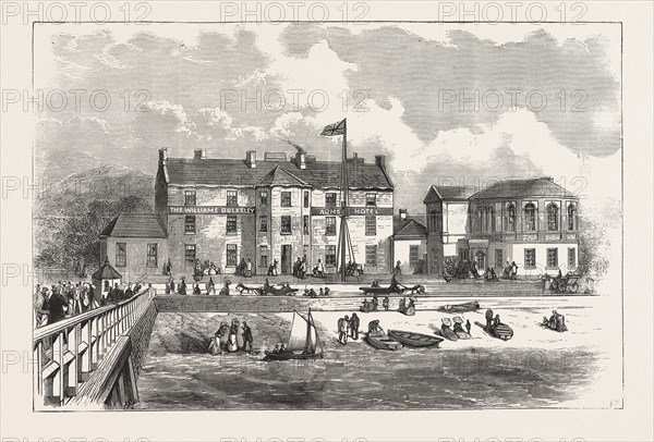 Under the New Management, the arrangements of the WILLIAMS-BULKELEY ARMS HOTEL are of the most complete character, thus offering to Visitors advantages hitherto unattainable. Beaumaris, Anglesey, ENGRAVING 1876, UK, britain, british, europe, united kingdom, great britain, european