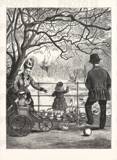 THE EASTER HOLIDAYS: FEEDING THE WATER-FOWL IN VICTORIA PARK, LONDON, ENGRAVING 1876, UK, britain, british, europe, united kingdom, great britain, european