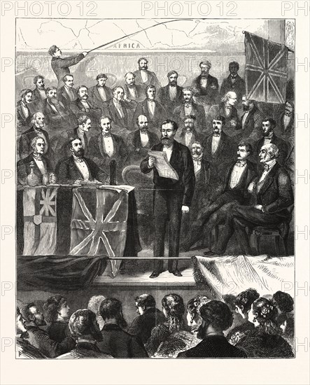 AFRICAN EXPLORATION : LIEUT. CAMERON READING AN ACCOUNT OF HIS ADVENTURES IN CENTRAL AFRICA BEFORE THE ROYAL GEOGRAPHICAL SOCIETY, AT ST. JAMES'S HALL, ON TUESDAY, APRIL 11TH., LONDON, ENGRAVING 1876, UK, britain, british, europe, united kingdom, great britain, european