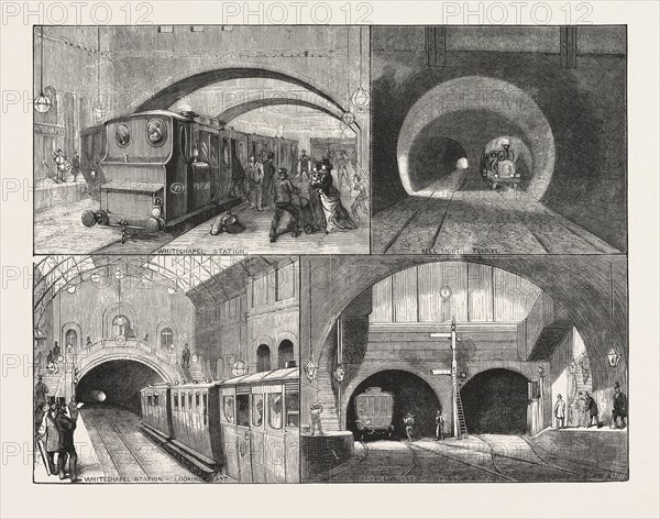 NEW ROUTE TO BRIGHTON, VIA THE EAST LONDON RAILWAY, SKETCHES BETWEEN WHITECHAPEL AND NEW CROSS, LONDON, ENGRAVING 1876, UK, britain, british, europe, united kingdom, great britain, european