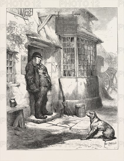 THE VILLAGE COMEDY, The landlord was a man of Daniel Lambert build. There was a kind of surliness in his civility. . . His burly form at the doorway, seen from the hill, looked picturesque ; but nearer inspection showed that his fibre was coarse, and his frame heavy. Engraving 1876