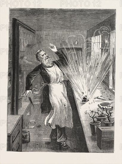 THE EXPLOSION : MR, LARKIN OPENING THE BOX, AN ATTEMPT TO MURDER AT CLERKENWELL, LONDON, ENGRAVING 1876, UK, britain, british, europe, united kingdom, great britain, european