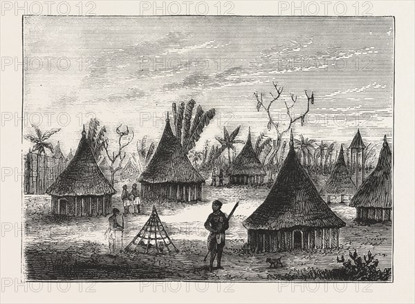 LIEUTENANT CAMERON IN CENTRAL AFRICA, SONA BAZH, A ULUNDO VILLAGE ON THE FRONTIER OF TOVALE, ENGRAVING 1876