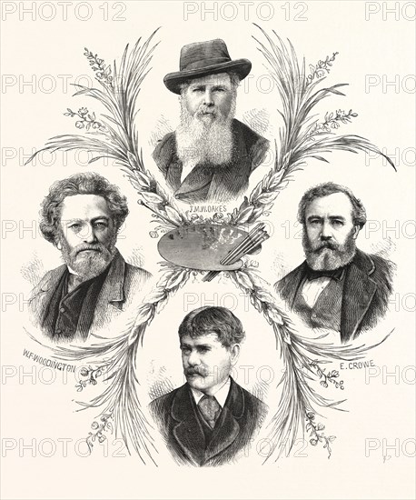THE ROYAL ACADEMY: RECENTLY-ELECTED ASSOCIATES, ENGRAVING 1876, UK, britain, british, europe, united kingdom, great britain, european