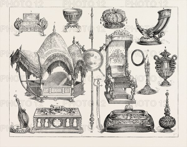 THE PRINCE OF WALES INDIAN JEWELLERY AT SOUTH KENSINGTON, LONDON, Chair, carved.(Madura). 7.óHookah A silver inlaid (Lucknow). 8 óPlated Vase (Nahun). 9.--Gulab-dan, in the form of a bird, silver gilt (Tonk). zo.óAddress Casket (Madras), ENGRAVING 1876