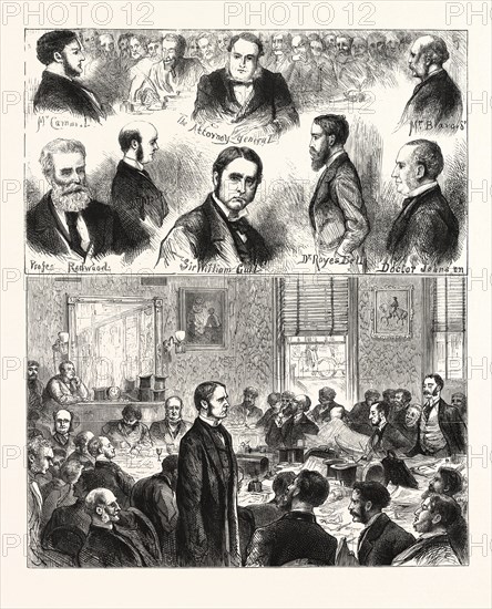 THE BRAVO MYSTERY: SCENE IN THE CORONER'S COURT, AT THE REDFORD HOTEL, BALHAM. MR. GEORGE LEWIS CROSS-EXAMINING SIR WILLIAM GULL, ENGRAVING 1876, UK, britain, british, europe, united kingdom, great britain, european