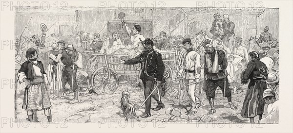 THE TURCO SERVIAN WAR, A CONVOY OF WOUNDED SOLDIERS ARRIVING AT BELGRADE, ENGRAVING 1876