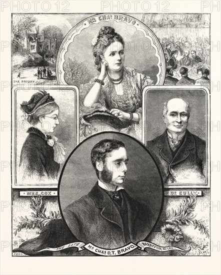 THE  BALHAM MYSTERY, PORTRAITS OF THE LATE MR. BRAVO, MRS. C. BRAVO, MRS. COX, AND DR. GULLY, ENGRAVING 1876, UK, britain, british, europe, united kingdom, great britain, european