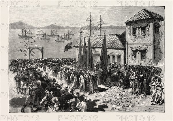 THE WAR IN THE EAST,  DISEMBARKMENT OF A BAND OF SOFTAS AT SALONICA, EN ROUTE FOR SERVIA, SERBIA, ENGRAVING 1876
