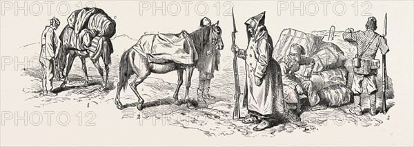WAR IN THE EAST TYPES OF TURKISH SOLDIERY Rayah soldiers of the Military Train Escort ùConveying Tents ùOfficer Servant ùGendarmerie or Zaptichs lmaun of a Battalion ENGRAVING 1876