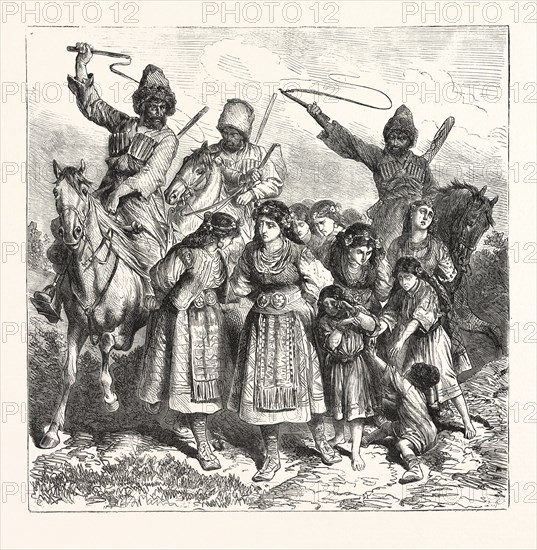 THE TURKO SERVIAN WAR, CIRCASSIANS CARYING OFF BULGARIAN WOMEN AND CHILDREN, ENGRAVING 1876, TURKEY, SERBIA