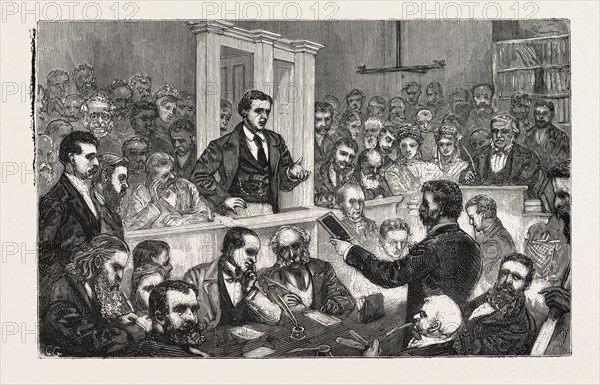 THE DR. SLADE PROSECUTION, SKETCH IN COURT DURING THE SECOND HEARING,  RE-EXAMINATION OF PROFESSOR LANKESTER, ENGRAVING 1876, UK, britain, british, europe, united kingdom, great britain, european