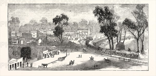 OPENING OF THE DENILIQUIN AND ECHUCA RAILWAY: ECHUCA, SOUTH AUSTRALIA, ENGRAVING 1876