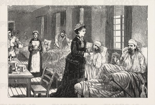 IN THE KATHERINE HOSPITAL, BELGRADE, SERBIA, ENGRAVING 1876