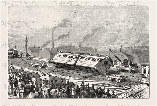 THE ACCIDENT TO THE FLYING SCOTCHMAN,  NEAR SHEFFIELD: RAISING THE PULLMAN CAR, ENGRAVING 1876, UK, britain, british, europe, united kingdom, great britain, european
