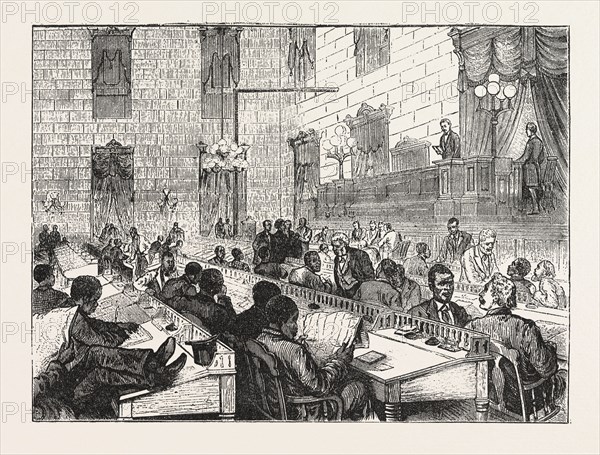 SPEAKER MACKEY SWEARING IN THE REPUBLICAN MEMBERS IN THE LEGISLATURE HOUSE, COLUMBIA, SOUTH CAROLINA, ENGRAVING 1876, US, USA, America, United States