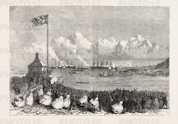 THE PRINCE AND PRINCESS OF WALES AT PLYMOUTH: SCENE ON THE HOE ON THE ARRIVAL OF THE ROYAL YACHT IN THE SOUND, UK, 1865