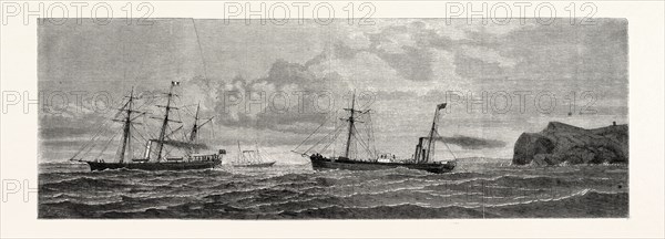THE ATLANTIC TELEGRAPH: PAYING OUT THE SHORE END OF THE CABLE FROM THE CAROLINE OFF VALENCIA, SPAIN, 1865