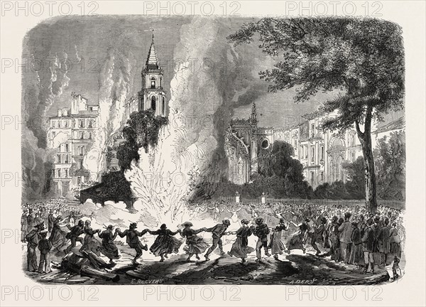 CHOLERA AT MARSEILLES, MARSEILLE, FRANCE: FIRES LIGHTED IN THE SQUARE OF THE OLD PALACE OF JUSTICE DURING THE EPIDEMIC, 1865