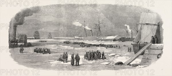 "THE NORTH SEA" STEAMER FORCING HER PASSAGE THROUGH THE ICE TO CRONSTADT, KRONSTADT, SKETCHED BY R.T. LANDELLS, RUSSIA, 1856