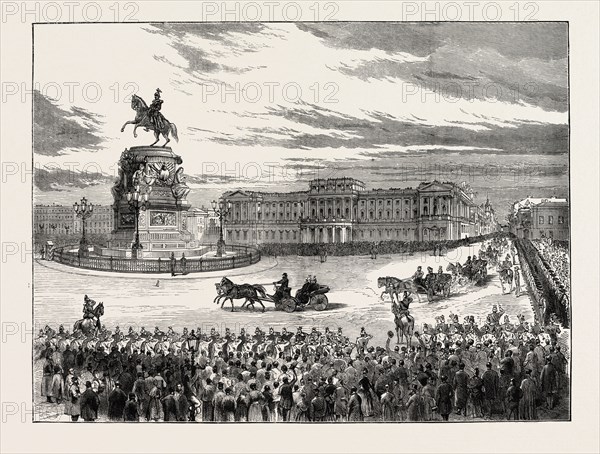 VISIT OF THE EMPEROR OF GERMANY TO ST. PETERSBURG, RUSSIA: THE EMPEROR AND THE CZAR PASSING THE NICHOLAY PLACE, 1873