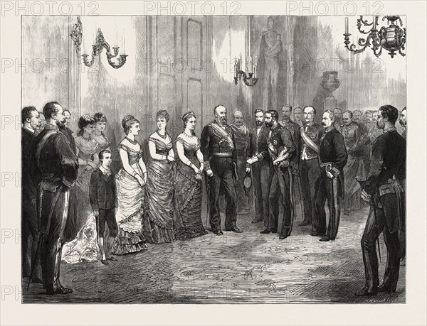 THE BETROTHAL OF THE KING OF SPAIN: THE KING'S ENVOY FORMALLY ASKING THE DUKE OF MONTPENSIER FOR THE HAND OF THE INFANTA MERCEDES, 1878