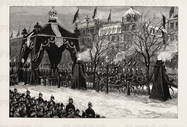 THE DEATH OF THE EMPEROR WILLIAM,THE PROCESSION PASSING THROUGH THE FUNERAL ARCH IN UNTER DEN LINDEN, BERLIN, GERMANY, 1888 engraving