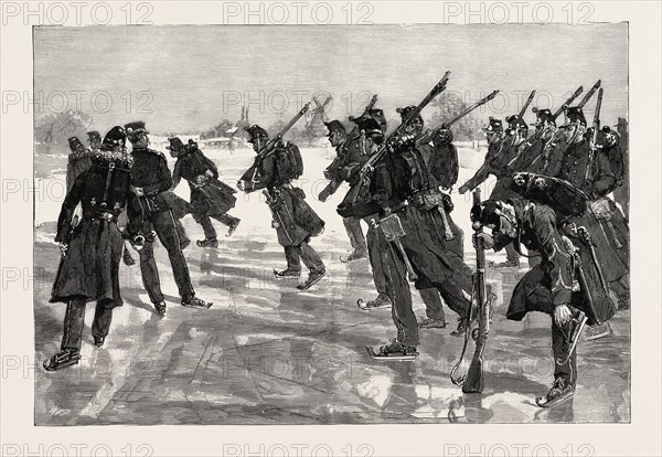DUTCH SOLDIERS DRILLING ON THE ICE ON THE AMSTEL, HOLLAND, THE NETHERLANDS, 1888 engraving
