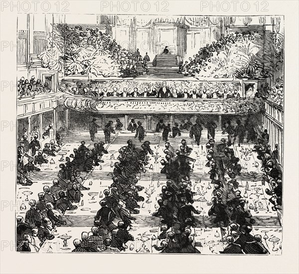 THE BANQUET IN THE TOWN. HALL MR. CHAMBERLAIN SPEAKING, BIRMINGHAM, UK, britain, united kingdom, u.k., great britain, 1888 engraving