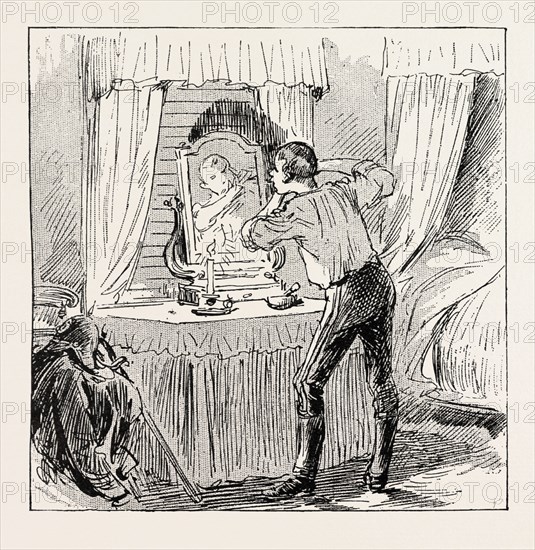 BELONGING TO A COUNTRY CORPS, WHICH OWING TO THE DISTANCE AND RAILWAY FACILITIES HAS TO START BETIMES FOR THE REVIEW, I RISE AND SHAVE AS THE STABLE CLOCK STRIKES I A.M., 1888 engraving