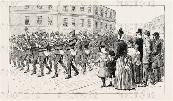 IT WAS A BRIGHT CHEERFUL MORNING WHEN, ON ARRIVAL, WE MARCHED THROUGH THE TOWN TO THE REVIEW, 1888 engraving