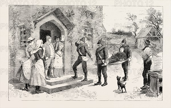 BUT THE BEARERS, GETTING TIRED OF THEIR WORK, TOOK ME TO A FARM-HOUSE FOR A REST, PLEADING MY EXHAUSTED CONDITION, 1888 engraving