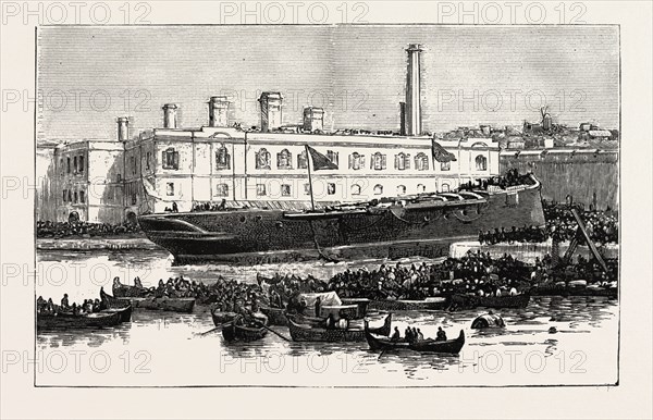 LAUNCH OF H.M.S. MELITA  AT MALTA The First Ironclad Launched from the Malta Dockyard, 1888 engraving