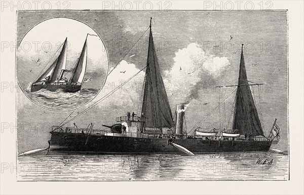 TORPEDO GUN BOAT, THE RATTLESNAKE LAUNCHING TORPEDOES, 1888 engraving