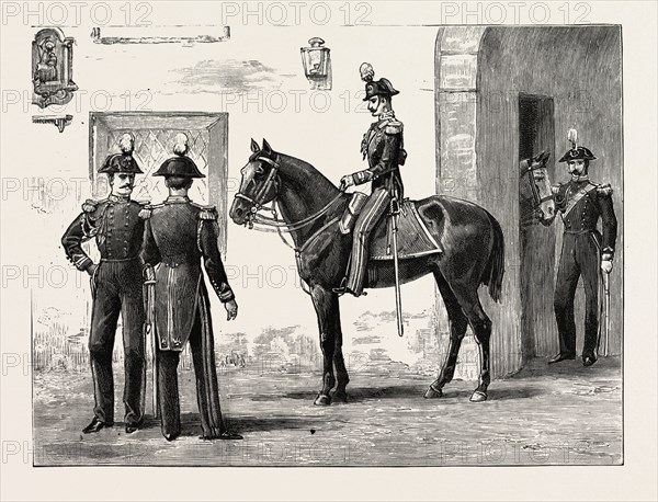 THE QUEEN AT FLORENCE, ITALY, GUARD OF ROYAL CARABINEERS AT THE GATE OF THE VILLA PALMIER, HER MAJESTY'S RESIDENCE, 1888 engraving