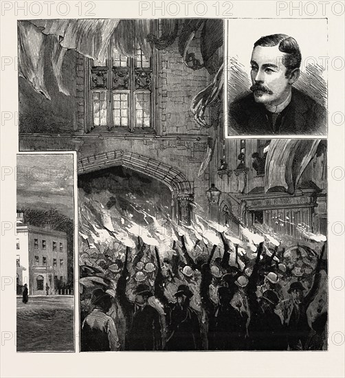 LORD SALISBURY AT CARNARVON, NORTH WALES, THE TORCHLIGHT PROCESSION PASSING UNDER THE GUILDHALL ARCHWAY, UK, britain, united kingdom, u.k., great britain, 1888 engraving