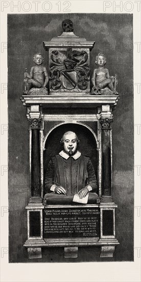 THE SHAKESPEARE MEMORIAL BUST AND TABLET, HOLY TRINITY CHURCH, STRATFORD-ON-AVON, UK, britain, united kingdom, u.k., great britain, 1888 engraving