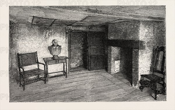 ROOM IN WHICH SHAKESPEARE WAS BORN, STRATFORD-ON-AVON, UK, britain, united kingdom, u.k., great britain, 1888 engraving