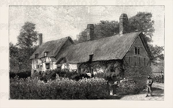 ANNE HATHAWAY'S COTTAGE AT SHOTTERY, NEAR STRATFORD-ON-AVON, UK, britain, united kingdom, u.k., great britain, 1888 engraving