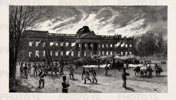 THE BURNING OF LAEKEN CASTLE, BRUSSELS, THE RESIDENCE OF KING LEOPOLD, BELGIUM, Engraving 1890