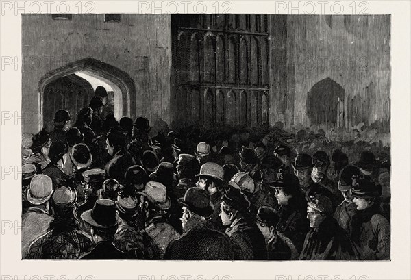 DISTRIBUTING THE QUEEN'S NEW YEAR GIFTS AT WINDSOR, engraving 1890, uk, britain, british, united kingdom, great britain, europe, european